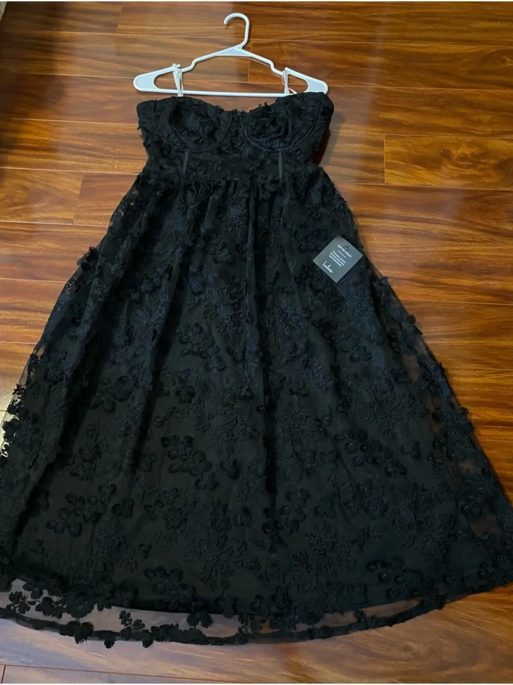 Lulus Quite Perfect Party Cocktail Black Lace embroidered strapless Midi Dress - Picture 2 of 12